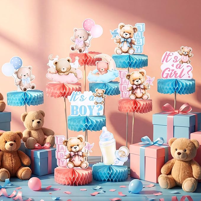 Bear Gender Reveal Decorations Includes 12pcs Pink and Blue Bear