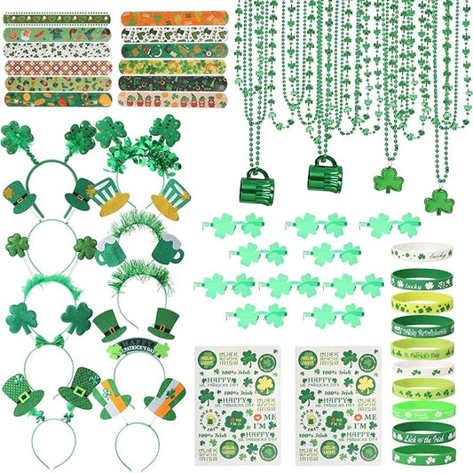 62pcs St Patricks Day Accessories Headbands Necklace Shamrock Beads