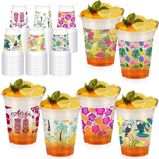 60 Pack Hawaiian Party Luau Tiki Cups 12 oz Disposable Plastic Cups