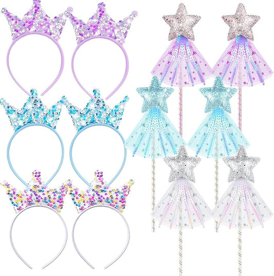 12 Pcs Princess Party Favors Star Shaped Wands and Sequin Crown