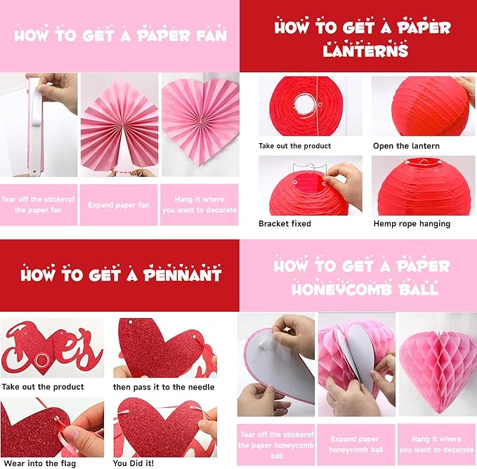 Valentines Day Decorations with Banner Pink Red Heart Shaped Paper