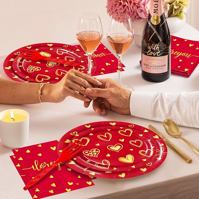 96 Pieces Valentine's Day Love Tableware Set Red and Gold Heart