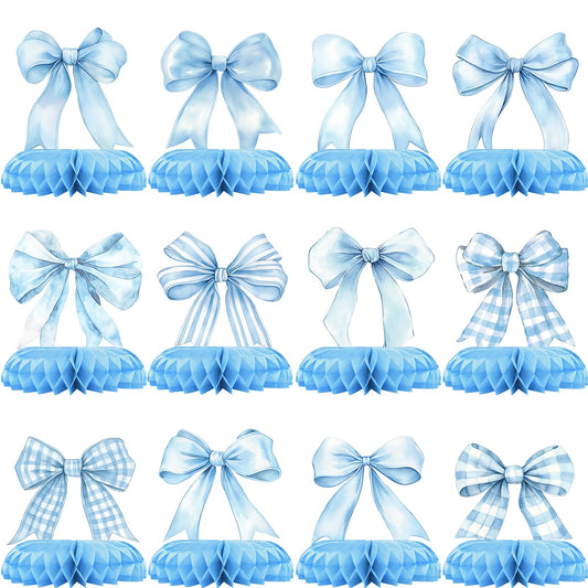 Blue Bow Baby Shower Centerpieces – 12PCS Coquette Honeycomb Table