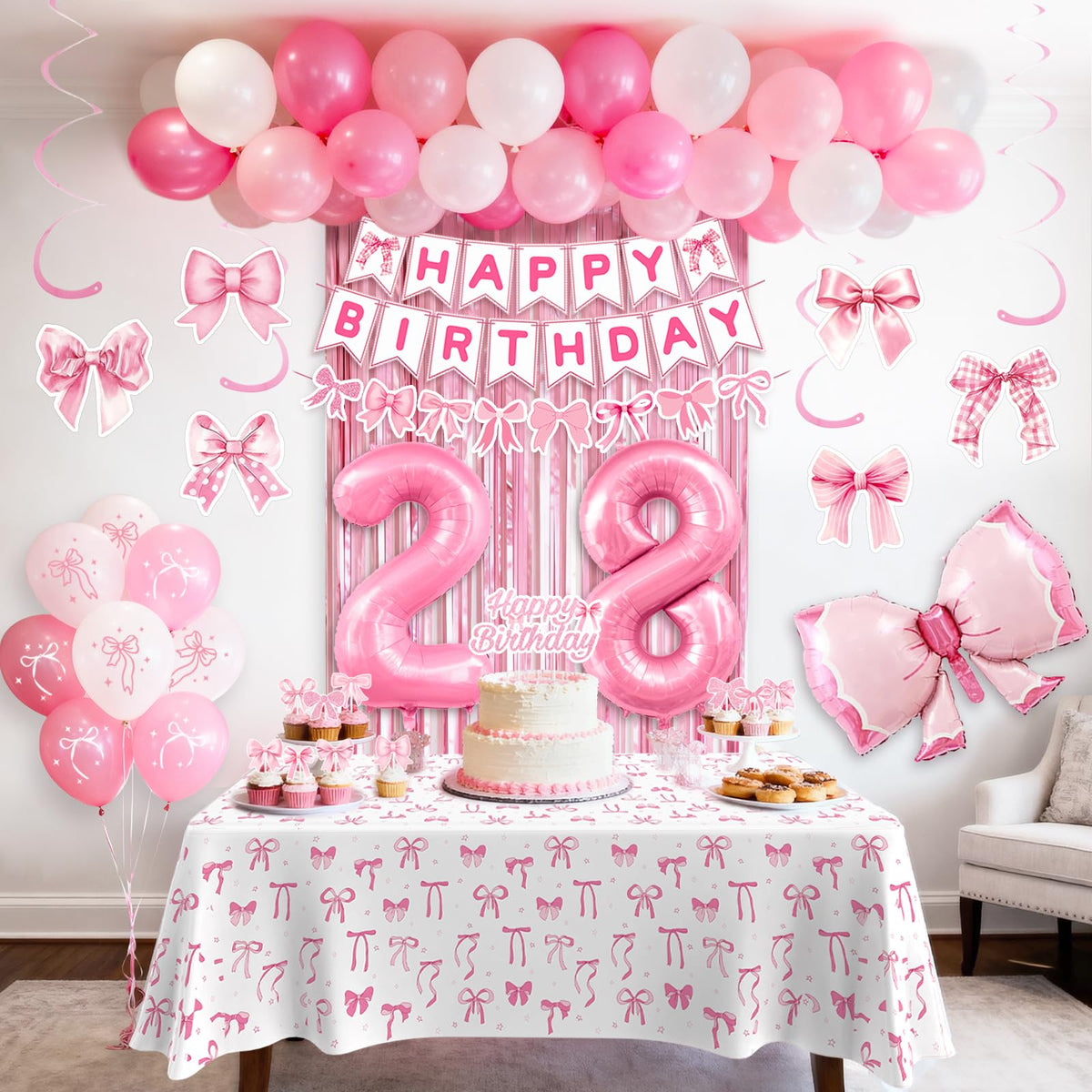 28th Pink Birthday Decorations for Women, Pink Bow Coquette Birthday