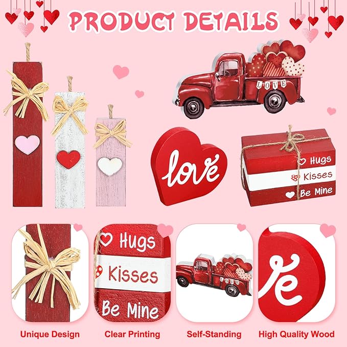 8Pcs Valentine's Day Decoration Wooden Valentines Table Centerpiece