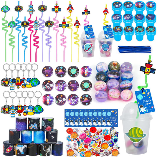 LiYiQ 161 Pcs Space Party Favors with Cup Straws Stress Ball Space