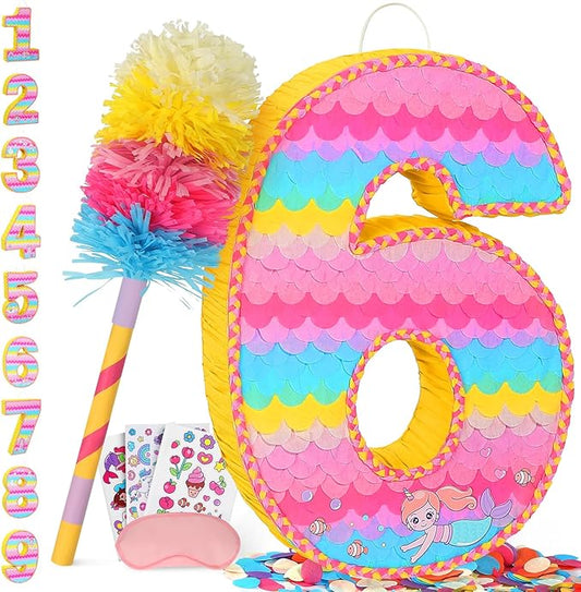 Number 6 Pinata for Birthday Party Decorations Unicorn Mermaid Theme