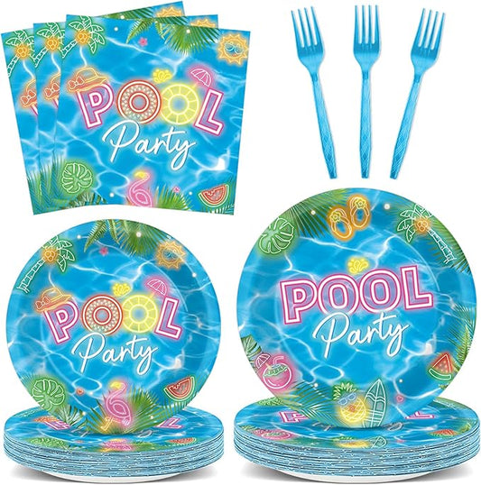 96Pcs Pool Party Plates and Napkins Neon Pool Party Decorations for