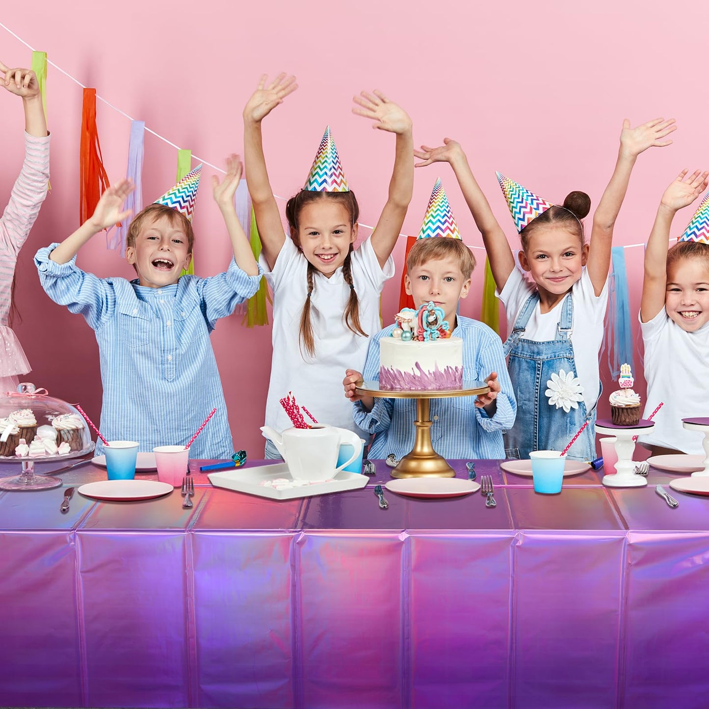 6 Pack Ombre Iridescent Pink and Purple Plastic Tablecloths, Shiny