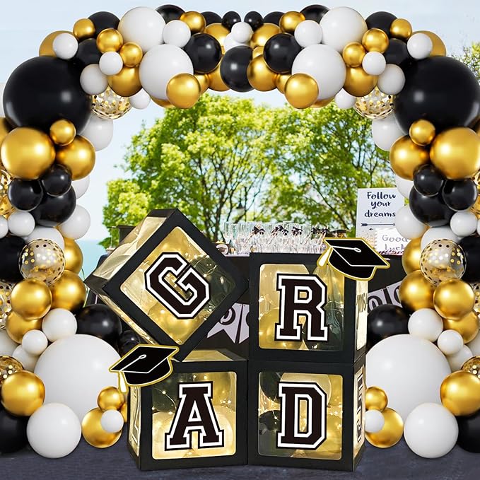 2026 Graduation Decorations Black and Gold Set of 4 Grad Boxes with