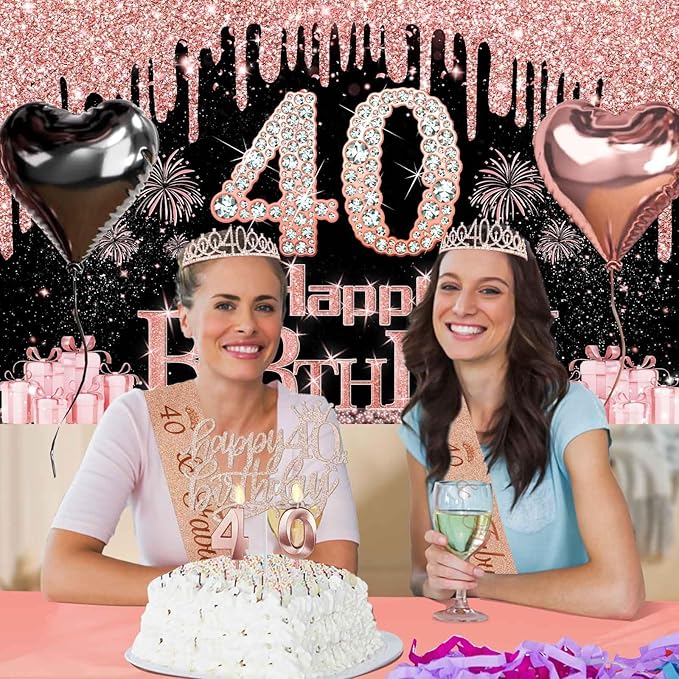 40th Birthday Decorations Women 49pcs Black Rose Gold Black Happy