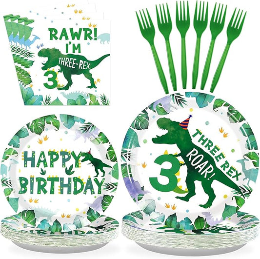96 PCS Dinosaur 3rd Birthday Party Supplies 350 GSM 3 Rex Dinosaur