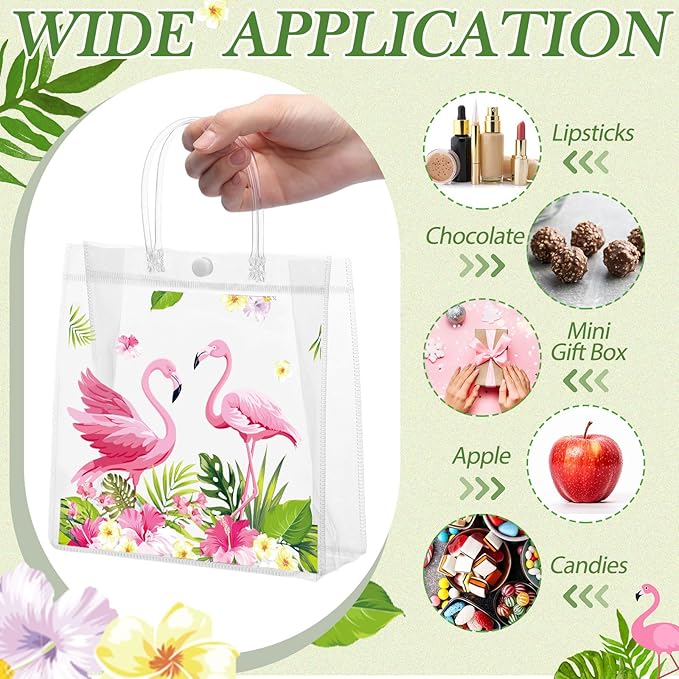 24 Pcs Flamingo Clear PVC Gift Bags with Handles Tropical Party