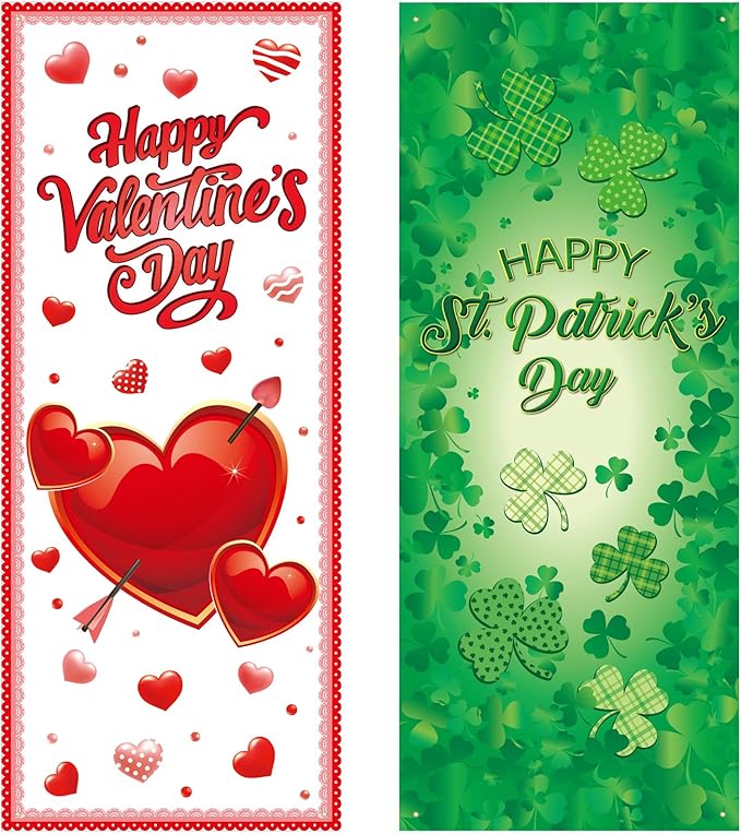 2 Pcs St Patricks Day and Valentine‘S Day Door Covers Green Shamrock