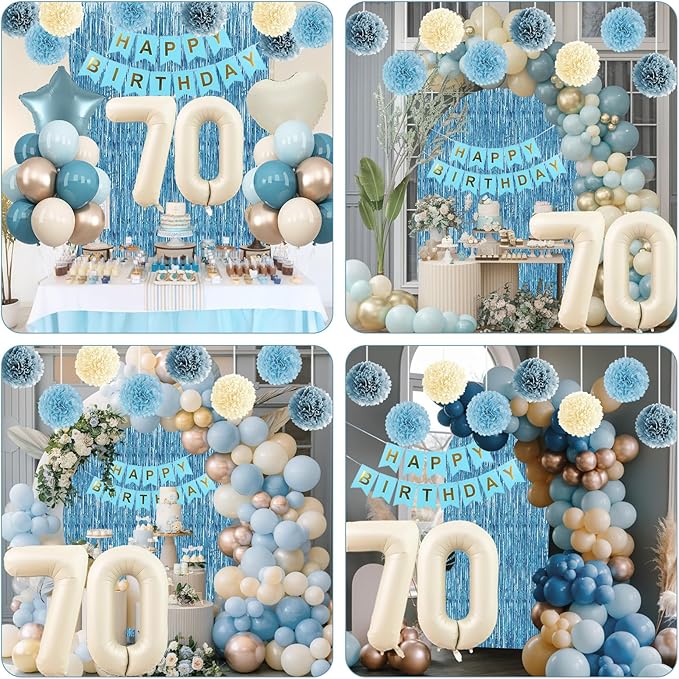 Dusty Blue 70th Birthday Party Decorations for Women Men Beige Cream