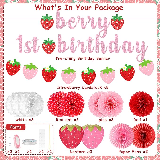 Berry First Birthday Decor 14 Pcs Strawberry 1st Birthday