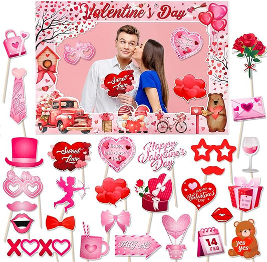 Happy Valentine's Day Photo Booth Props with Photo Frame Red and
