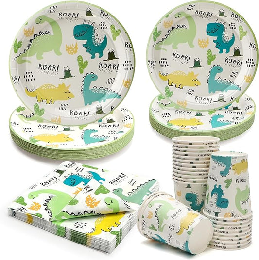 96Pcs Dinosaur Party Plates Green Dino Paper Plates and Napkins Cups