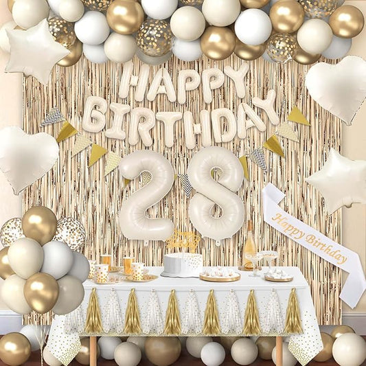 28th Birthday Decorations for Women, White and Gold 28 Boho Birthday