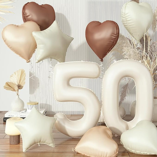 50th Birthday Balloons Decor, Helium Beige Cream Neutral 50 Balloon,