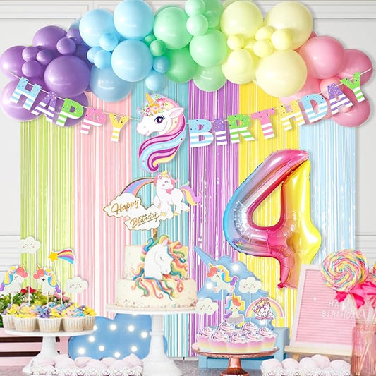 Unicorn 4th Birthday Party Decorations Rainbow Banner Balloons Foil