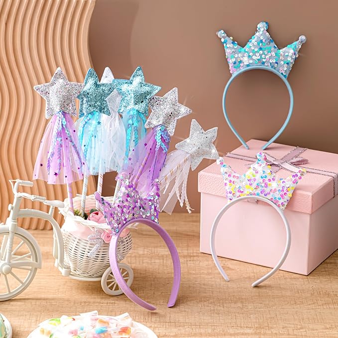 24 Pcs Princess Party Favors Star Shaped Wands and Sequin Crown