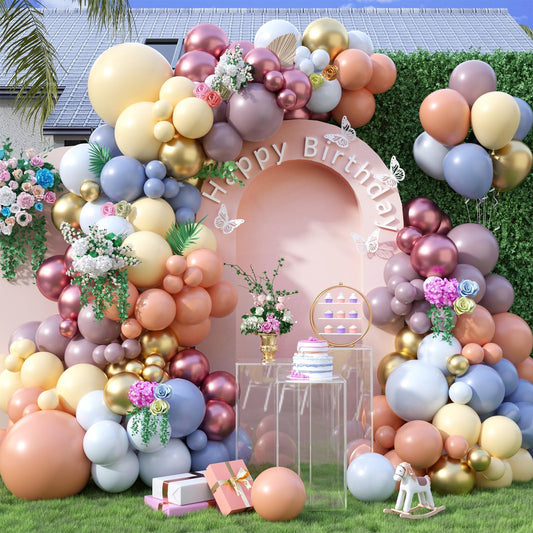 Pastel Balloon Arch Kit,122Pcs Pink Blue Yellow Purple Metallic Gold