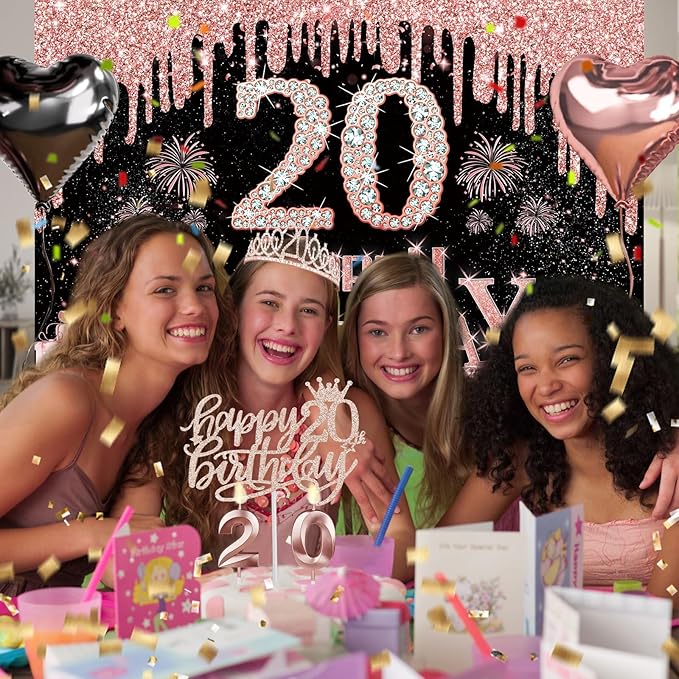 20th Birthday Decorations for Her 49pcs Black Rose Gold Black Banner