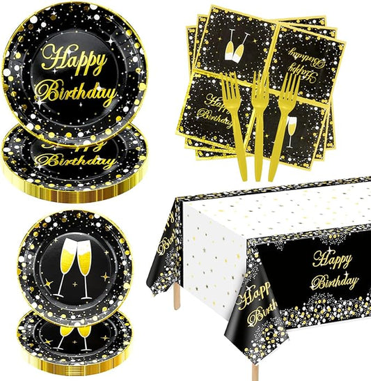 81 Pieces Black and Gold Party Supplies Gold and Black Plates Black