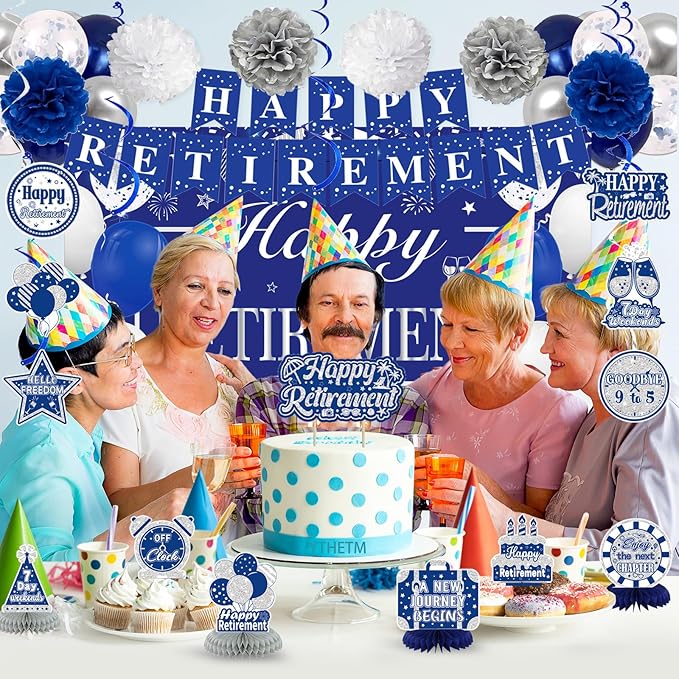 Retirement Party Decorations for Men Women Blue Silver Happy