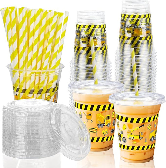 50 Pcs Construction Truck Plastic Cups with Lids and Straws 12 oz