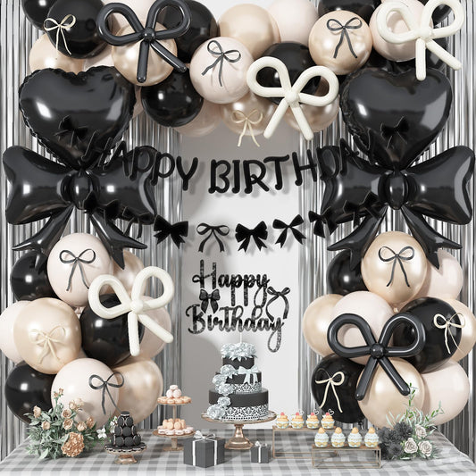 Black Bow Birthday Party Decorations, Coquette Bow Black Sand White