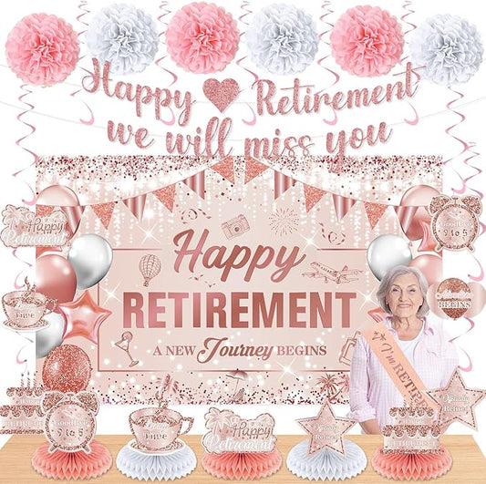 20pcs Retirement Party Decorations for Women Pink Rose Gold Happy