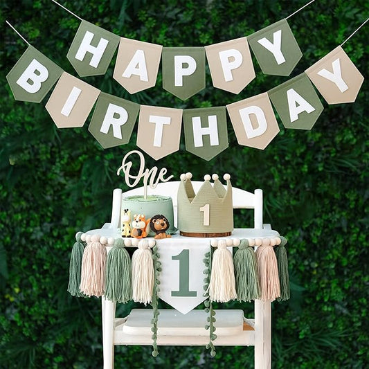 Wild One High Chair Banner Felt Green Happy Birthday Banner Pre