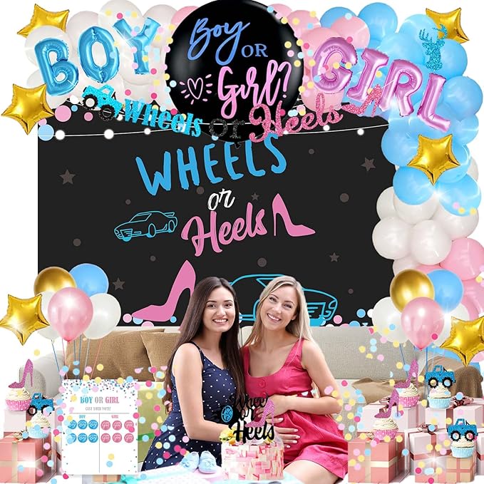 Wheels or Heels Gender Reveal Decorations 169 PCs Boy or Girl Gender