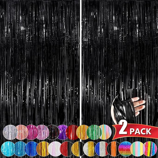 Black Metallic Tinsel Foil Fringe Curtains, 2 Pack 3.3x8.3 Feet Party