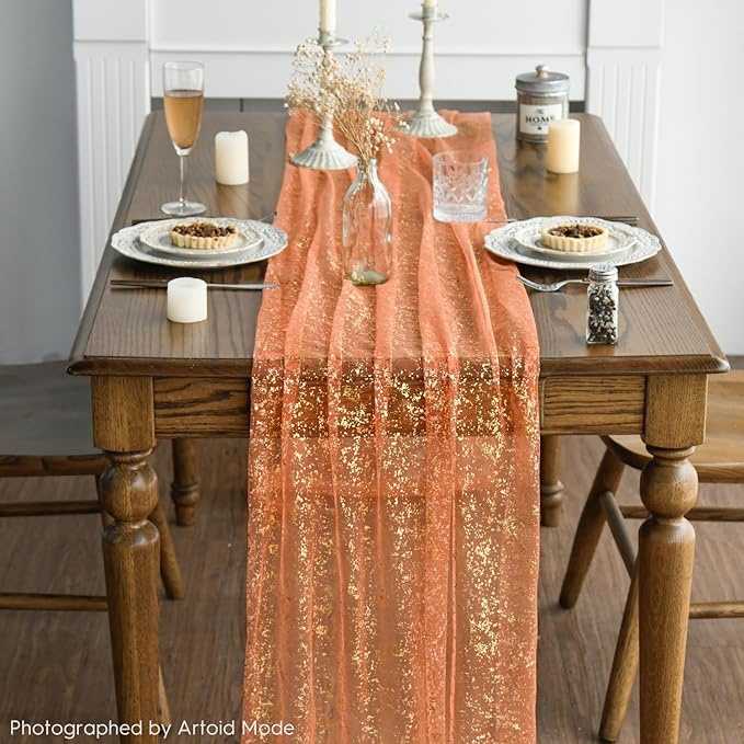 Mode Orange Gold Gauze Table Runner 120 Inch 10FT, Glitter