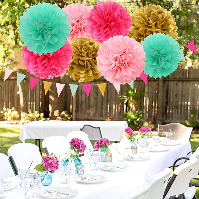 Mint Blush Hot Pink Gold Party Decorations 30pcs Tissue Pom Poms