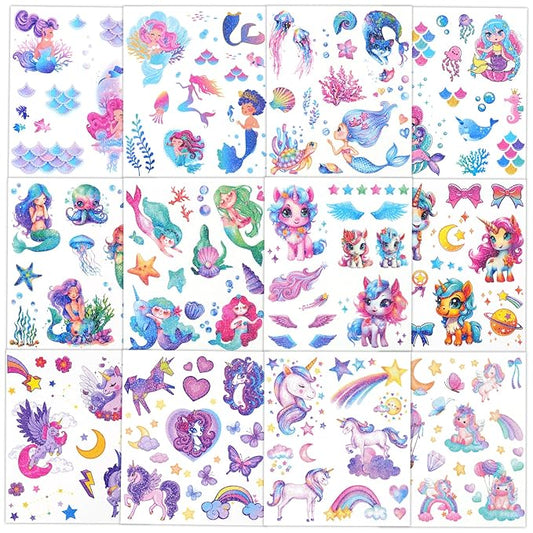 Ozepao Glitter Temporary Tattoo for Girls, 12 Sheets Mermaid Unicorn