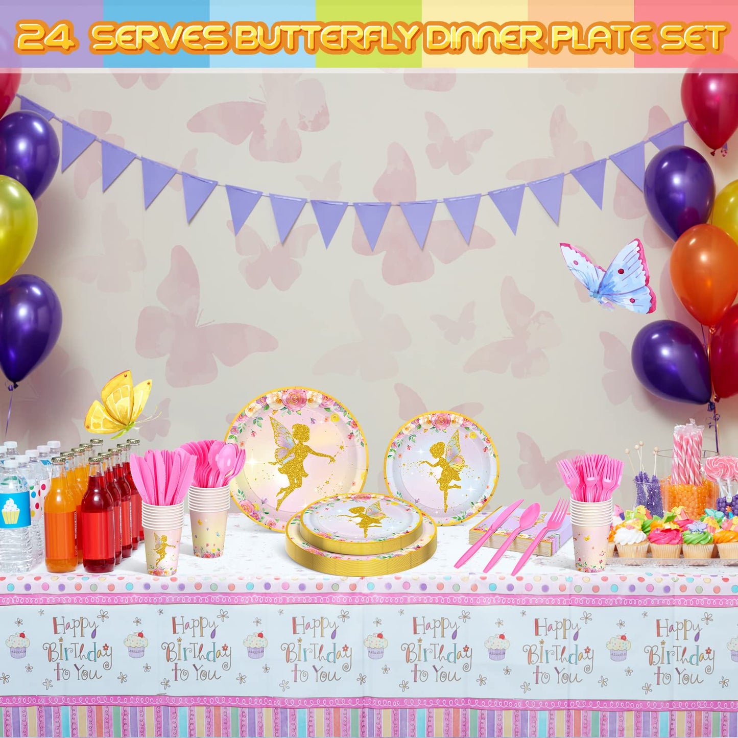 Meanplan 168 Pcs Fairy Party Supplies Fairy Plates and Napkins Fairies