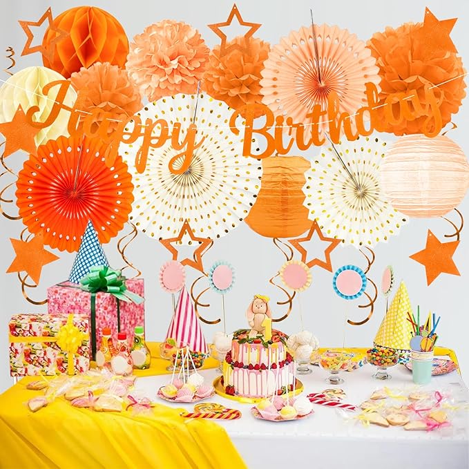 Orange Birthday Party-Decorations - 29pcs Orange Beige FAL Boho Party