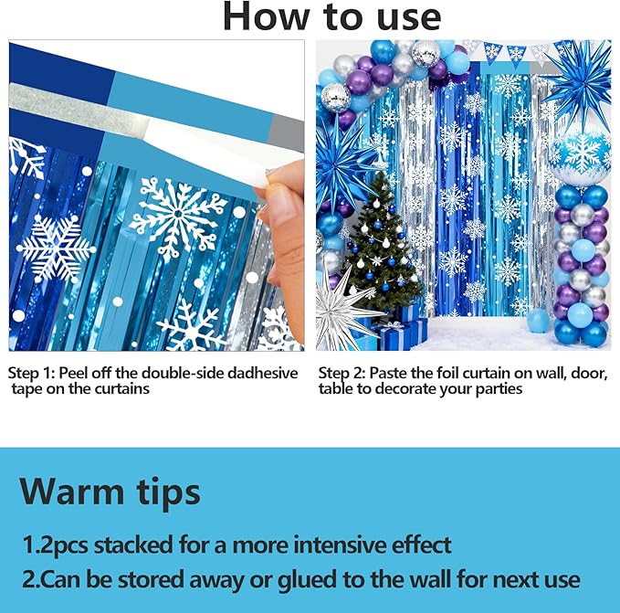 2 Packs Snowflake Foil Fringe Curtain, Blue Silver Ice Glitter