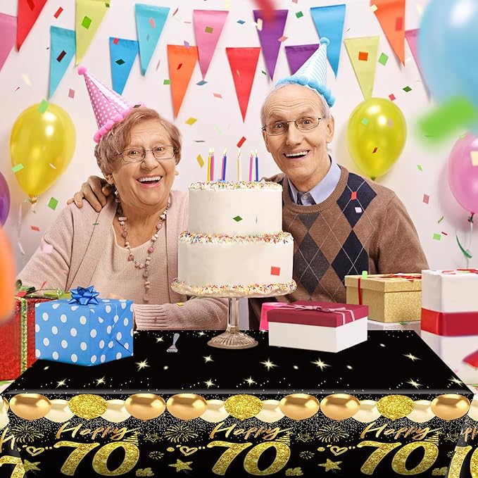 Uiorgui 2pcs 70th Birthday Tablecloth, Black Gold 70th Birthday