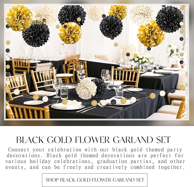 Black Gold Party Decorations 15 PCS Tissue Paper Pom Poms Kit for