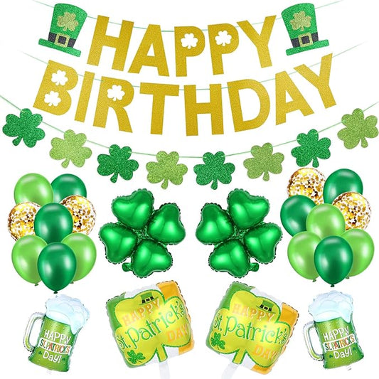 Gold Happy Birthday St Patricks Day Banner and Shamrock Garland