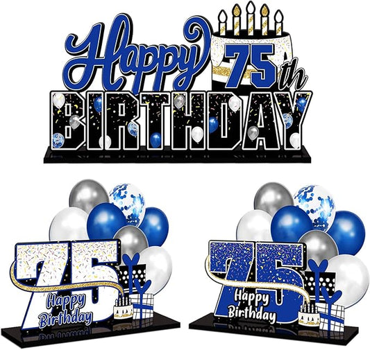LINGTEER Happy 75th Birthday Blue Acrylic Table Topper Centerpieces