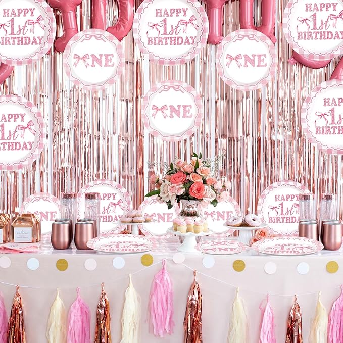 96Pcs Pink Bow 1st Birthday Party Decorations Cute Coquette Birthday