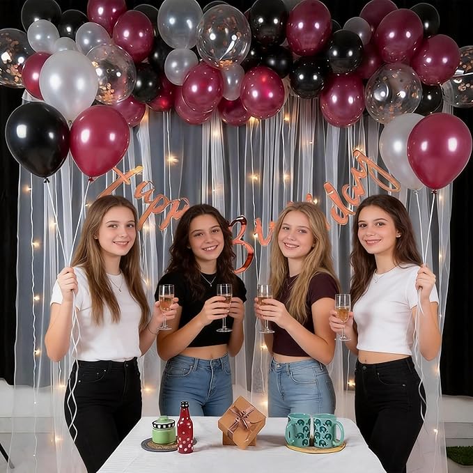 Burgundy Balloon Arch Kit,Black Gold Maroon Balloon Garland with Star