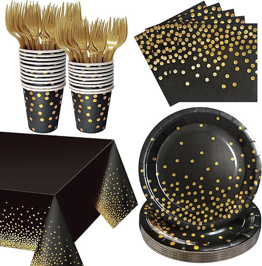 Black and Gold Party Supplies Includes 9" Paper Plates and Napkins