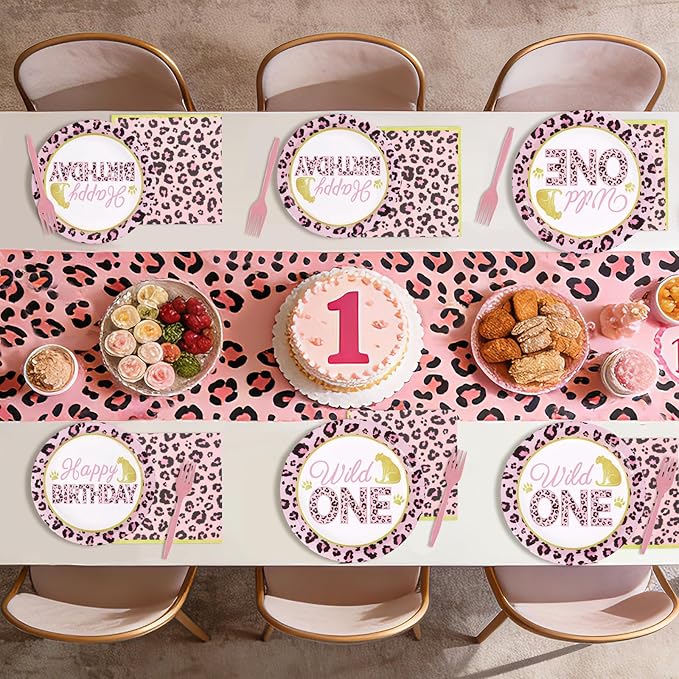 96Pcs Pink Leopard 1st Birthday Party Decorations Wild One Birthday
